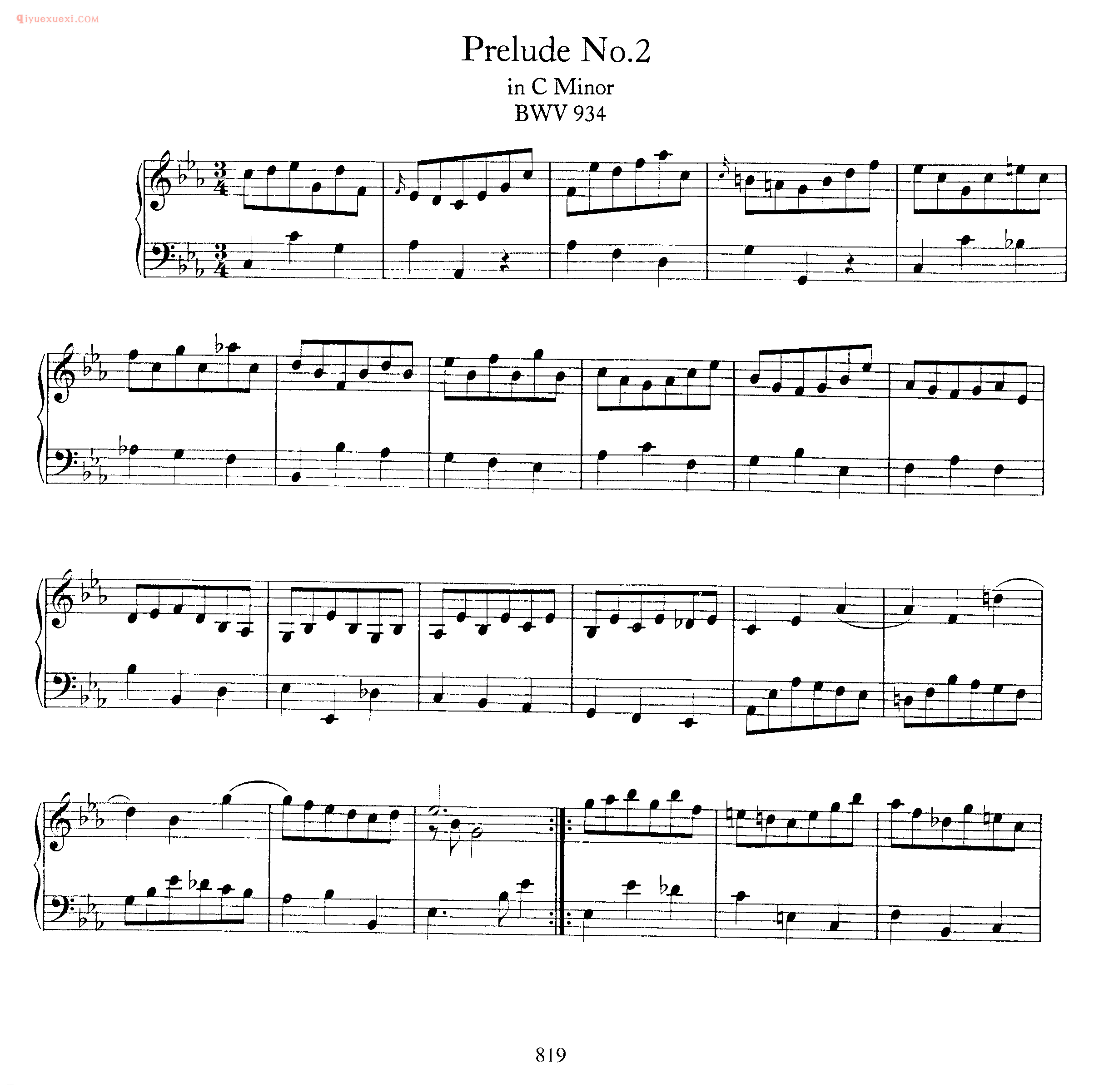 巴赫C小调前奏曲《Prelude No.2 in C Minor BWV 934》巴赫钢琴乐谱