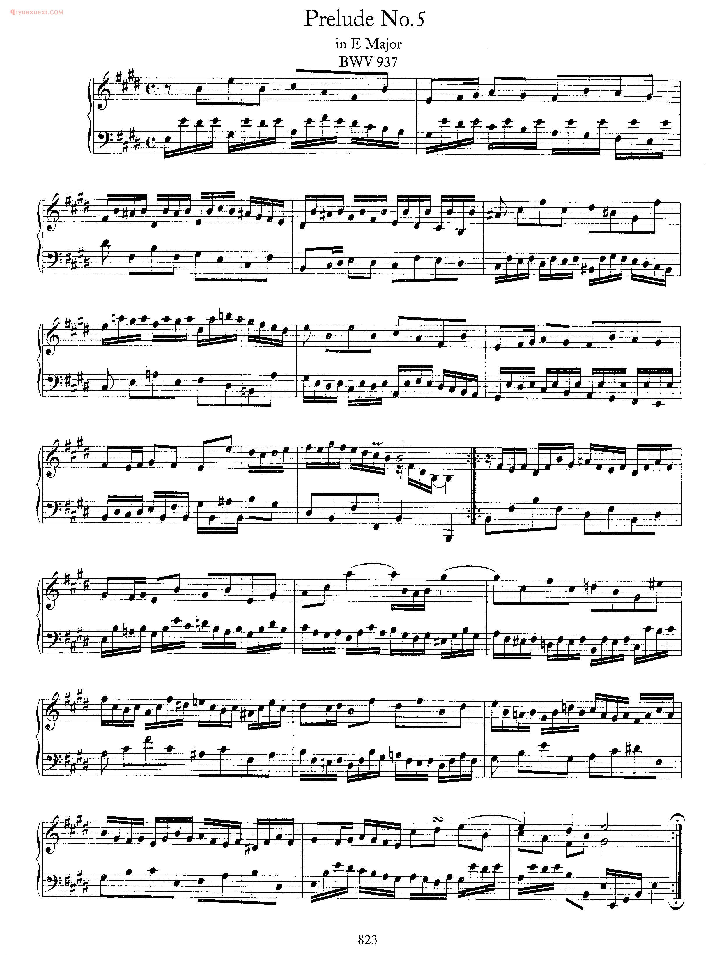 巴赫E大调前奏曲《Prelude No.5 in E Major BWV 937》巴赫钢琴乐谱