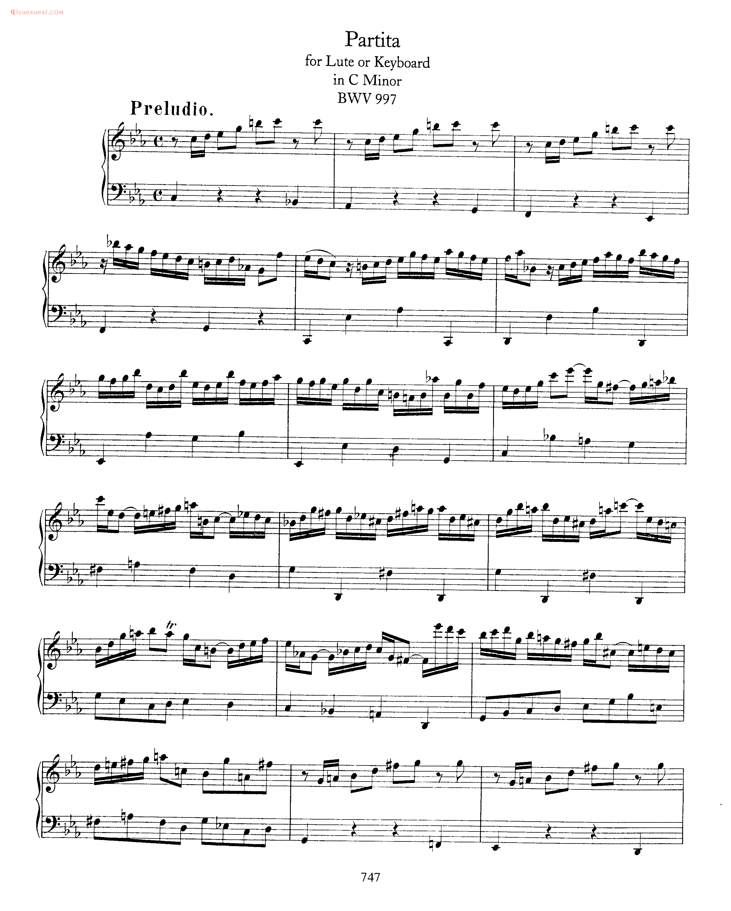 巴赫C小调帕蒂塔键盘练习曲《Pratita_for Lute or Keyboard_in C Minor BWV997》巴赫钢琴作品