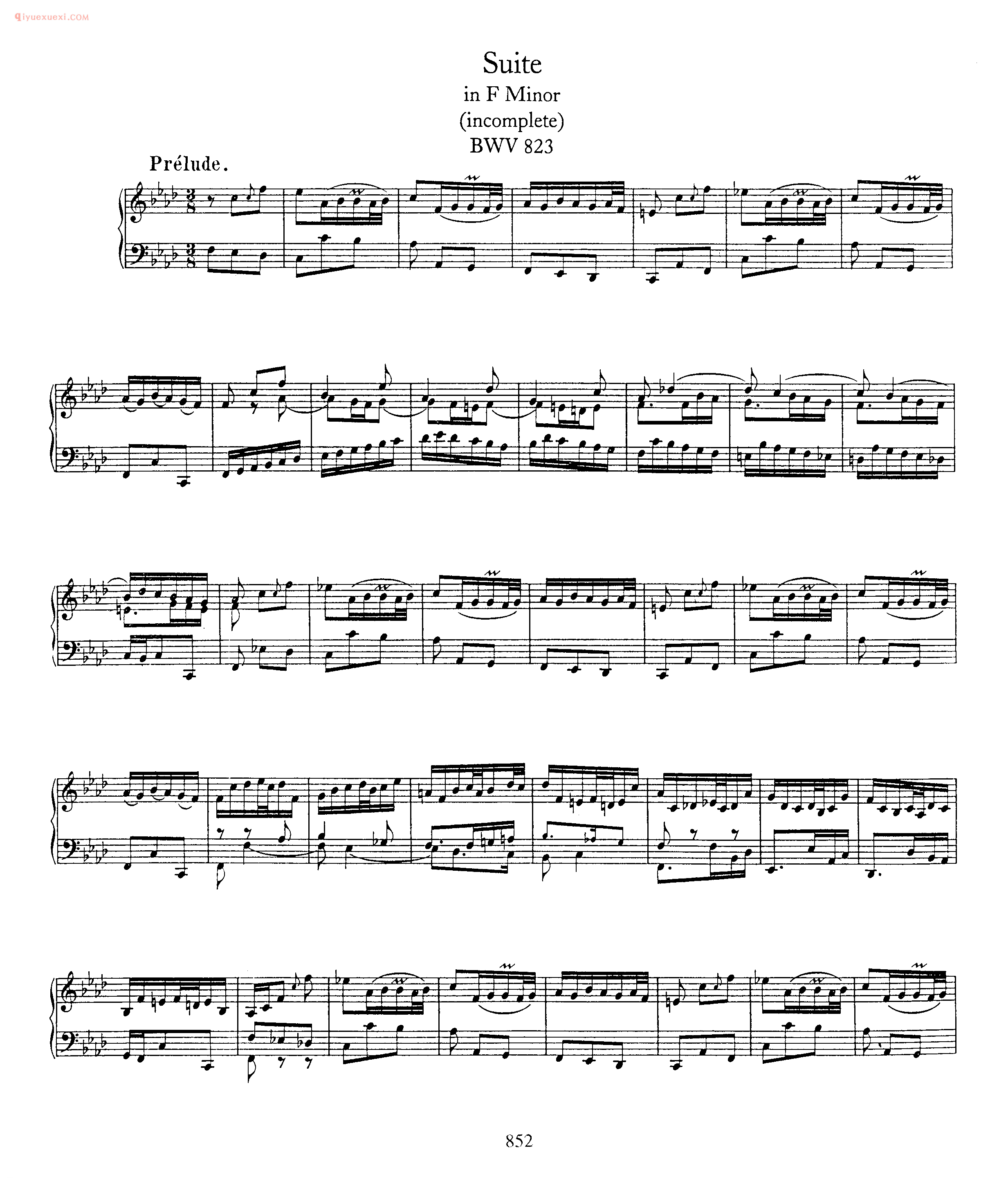 巴赫降f小调组曲《Suite_in F Minor_incomplete_BWV 823》巴赫钢琴作品