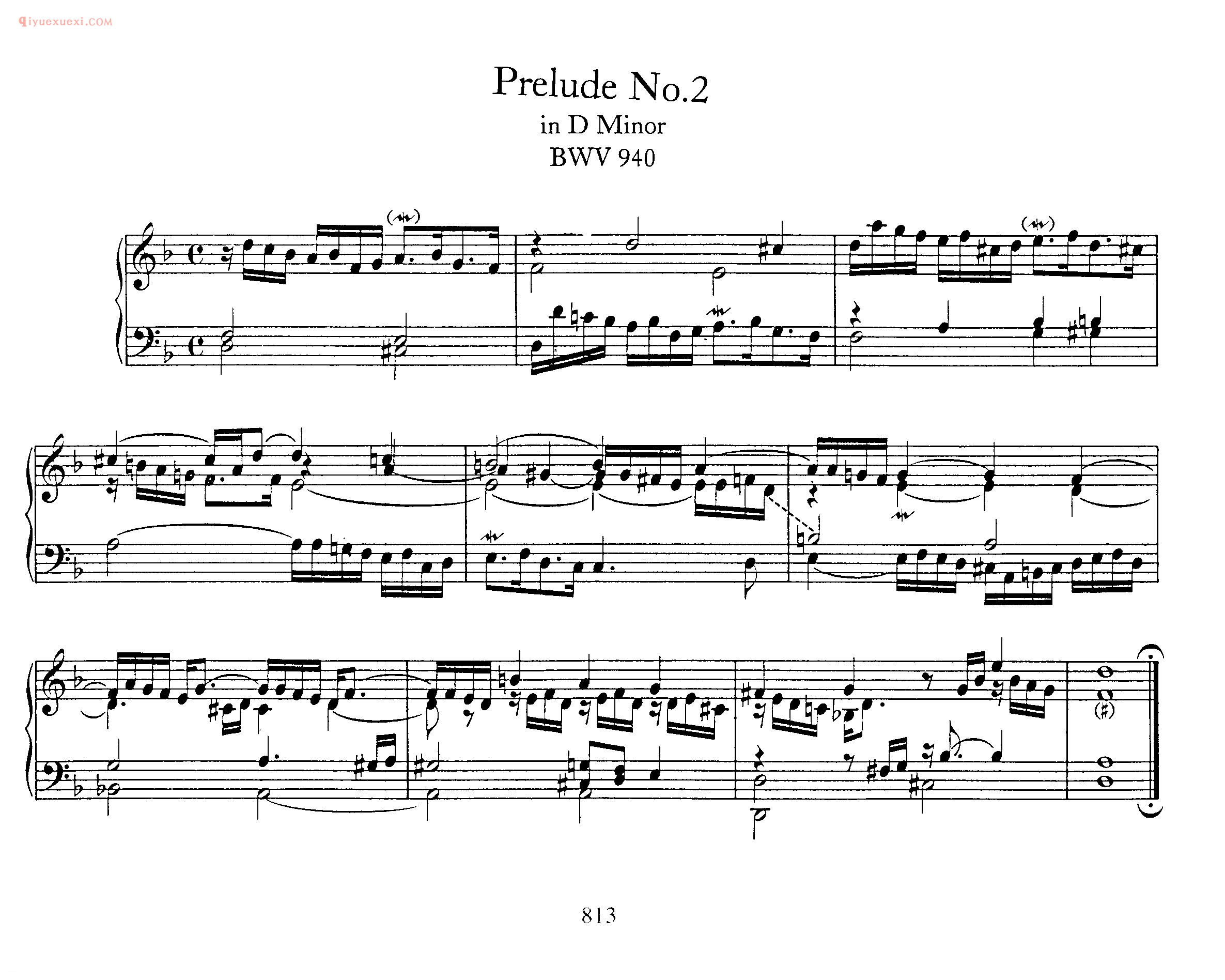 巴赫D小调前奏曲《Preludes No.2 in D Minor BWV 940》巴赫钢琴乐谱