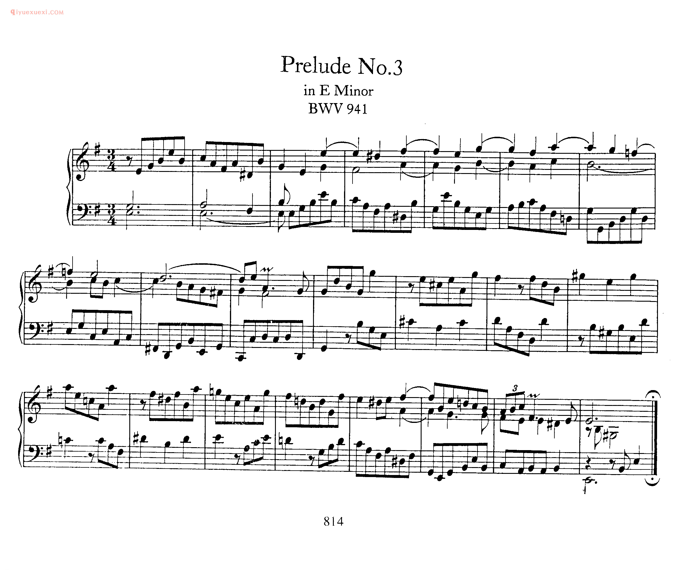 巴赫E小调前奏曲《Preludes No.3 in E Minor BWV 941》巴赫钢琴乐谱
