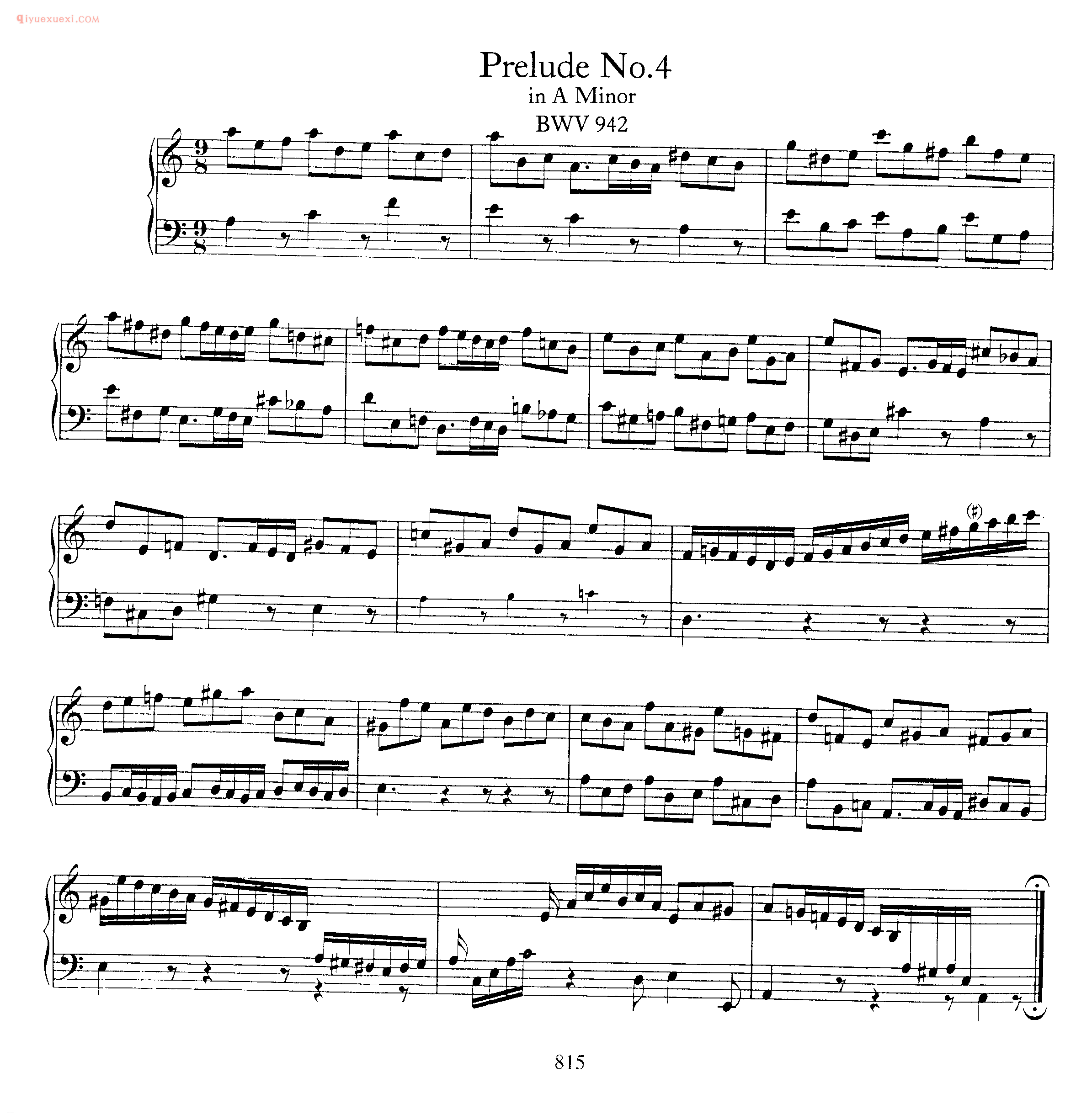 巴赫A小调前奏曲《Preludes No.4 in A Minor BWV 942》巴赫钢琴乐谱