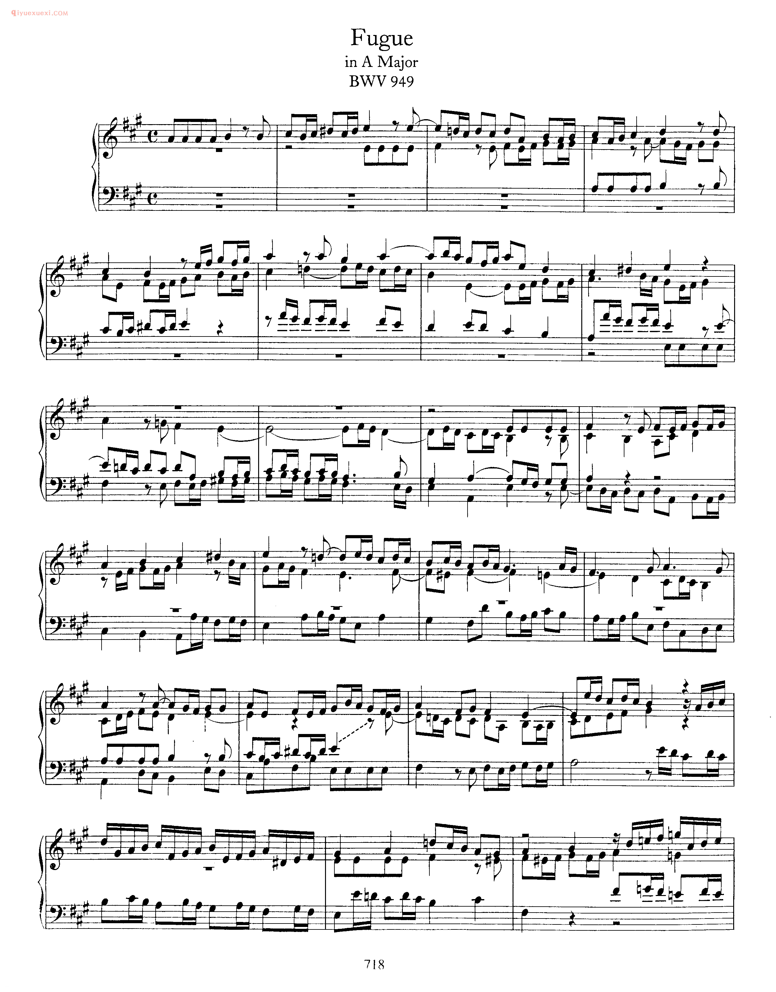 巴赫A大调赋格曲《Fugue_in A Major_BWV 949》巴赫钢琴作品