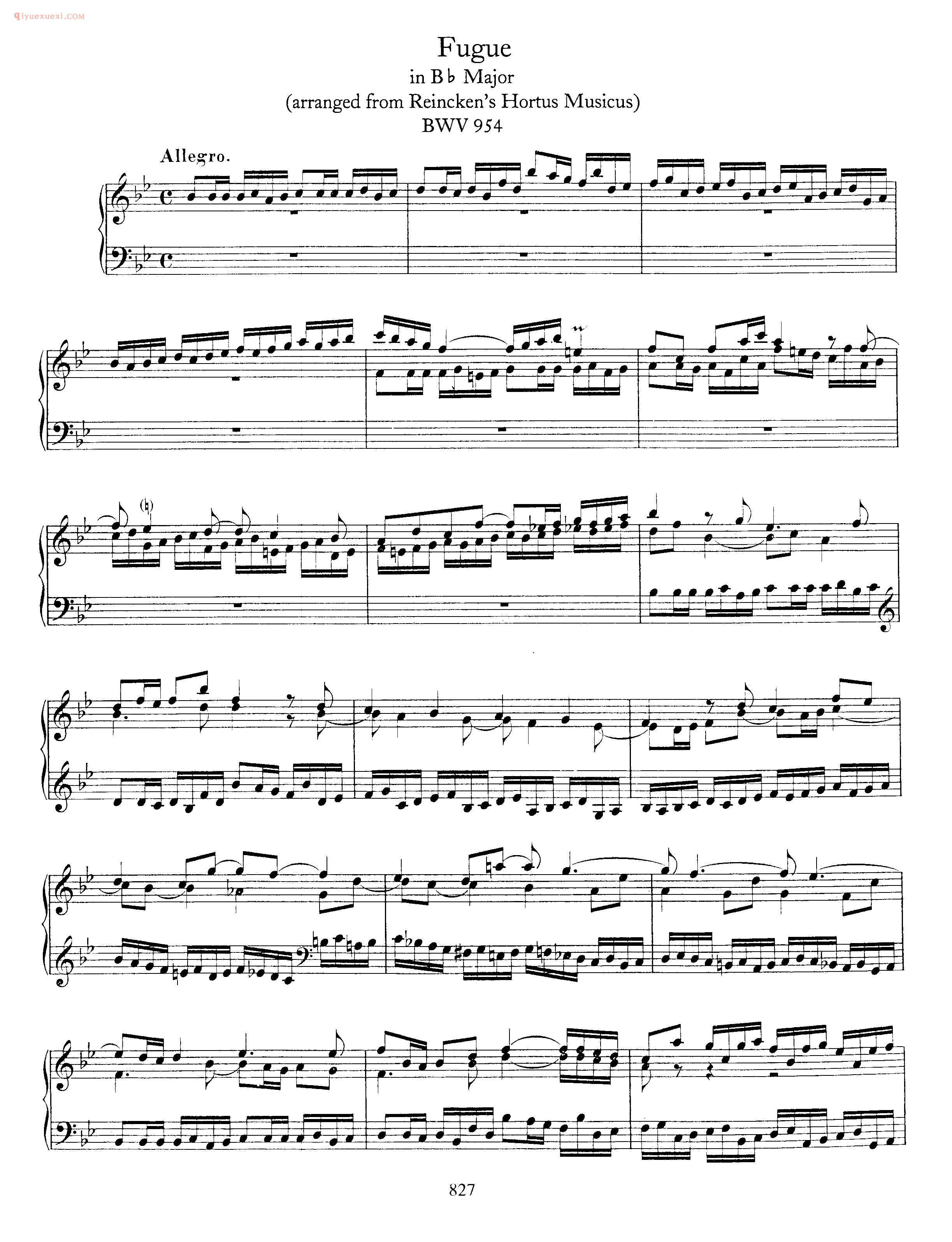 巴赫降B大调赋格曲《Fugue_arranged from Reinckens Hortus Musicus_in B Minor_BWV 954》