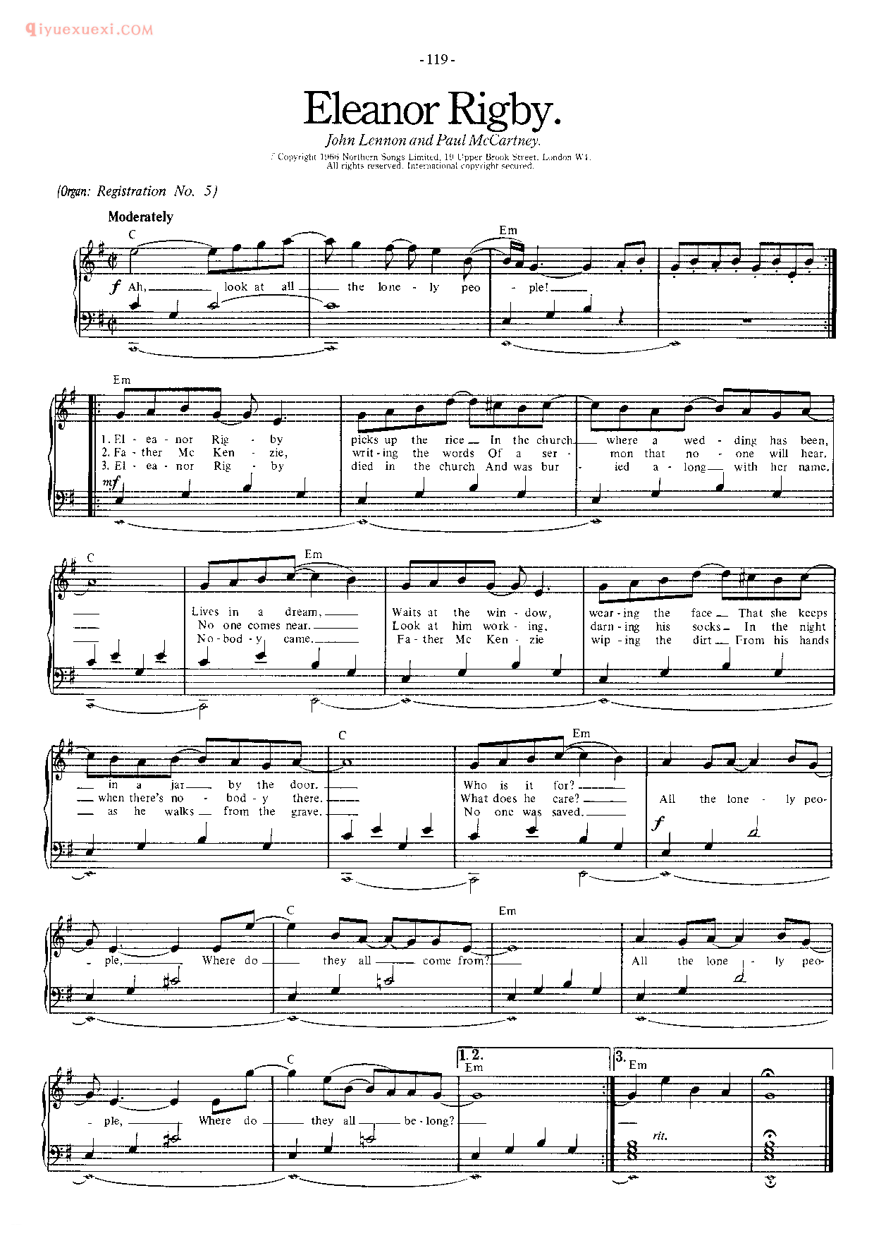 披头士/甲壳虫乐队钢琴乐曲谱《Eleanor Rigby》英国摇滚乐队