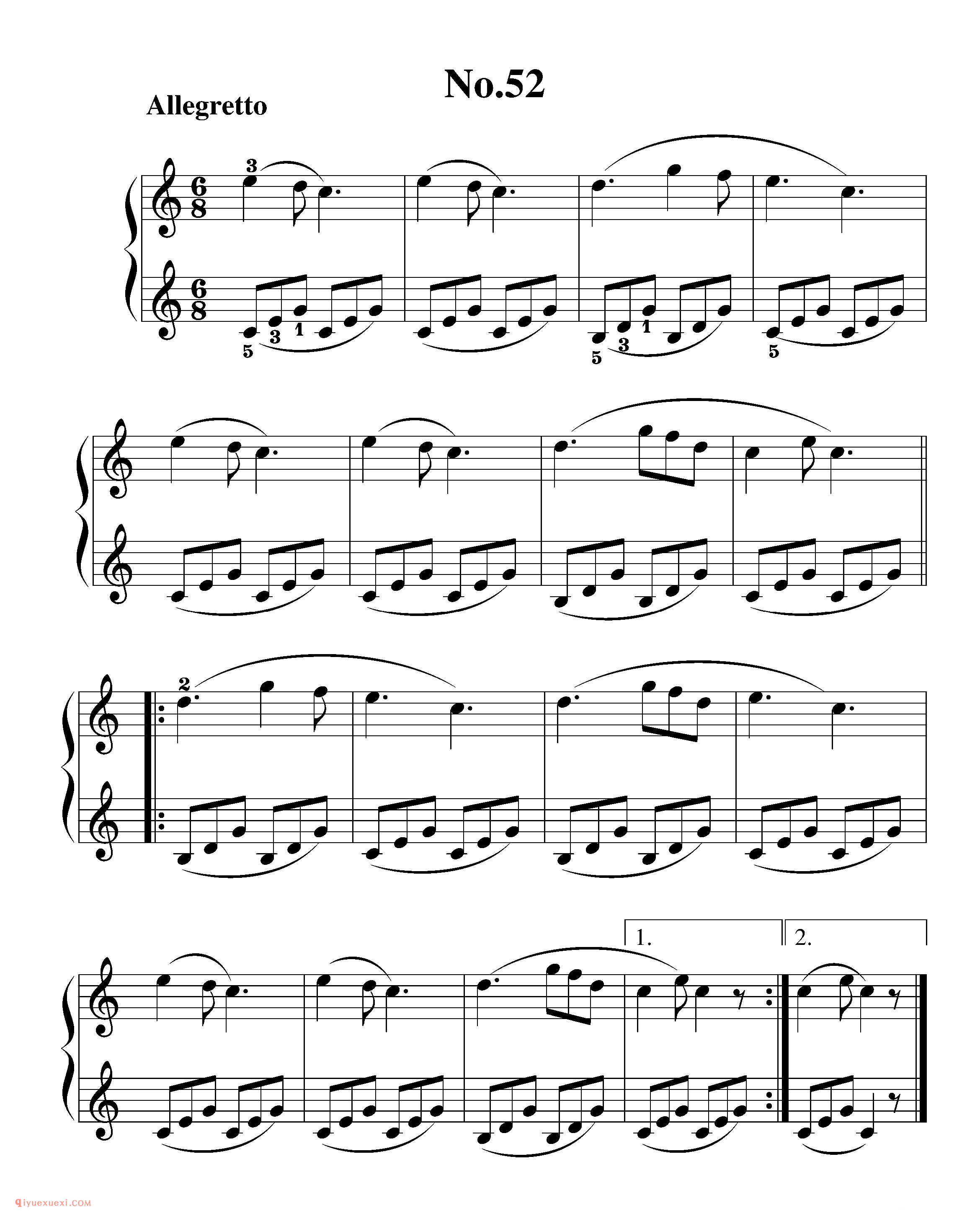 拜厄钢琴练习曲NO.52_拜尔(拜厄)钢琴基本教程练习曲第52首_五线谱