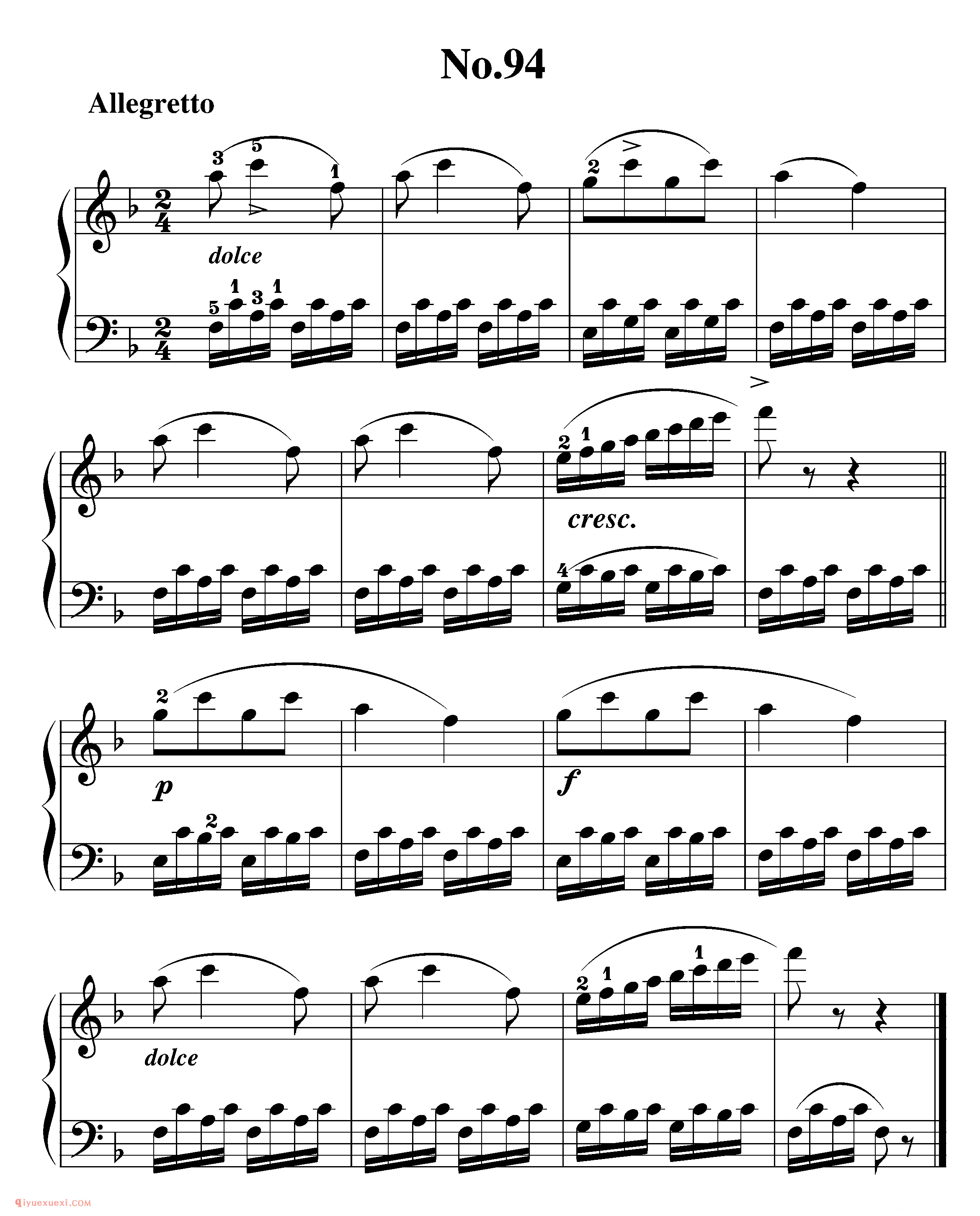 拜厄钢琴练习曲NO.94_拜尔(拜厄)钢琴基本教程练习曲第94首_五线谱