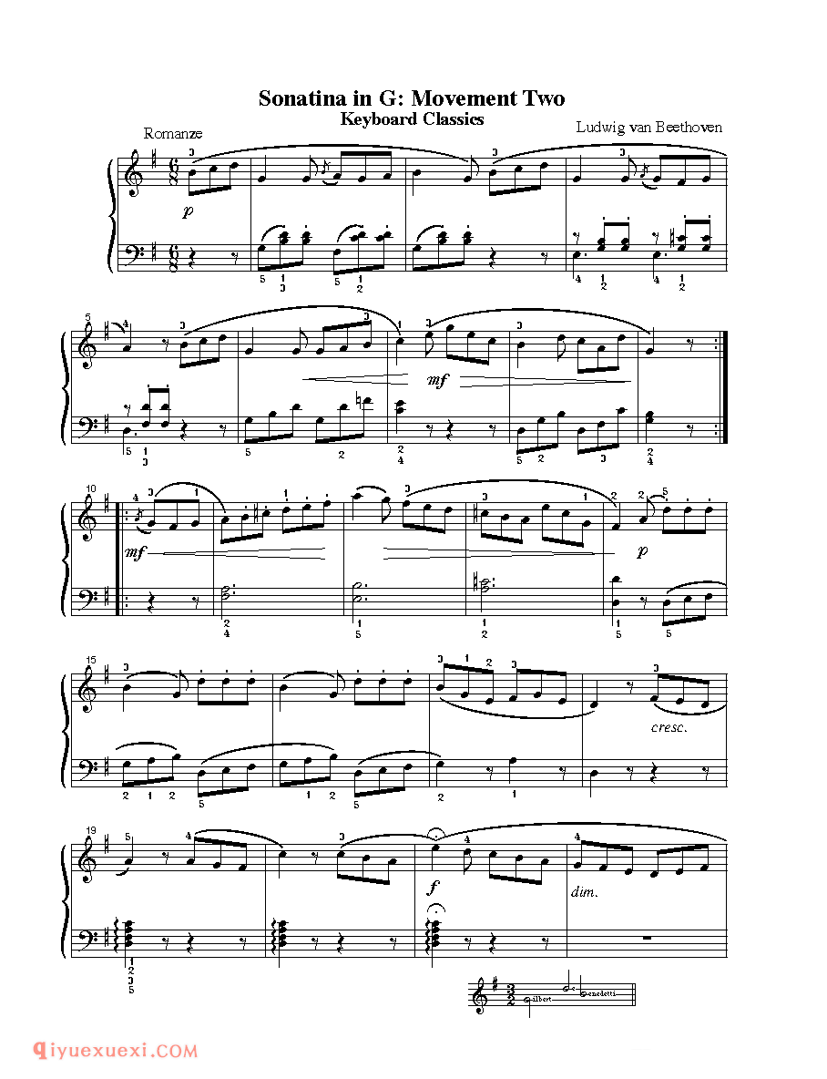 Sonatina in G: Movement 'Two_钢琴中级练习曲