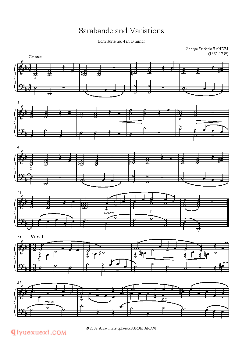 Handel Sarabande《萨拉班德之舞》马克西姆钢琴乐谱