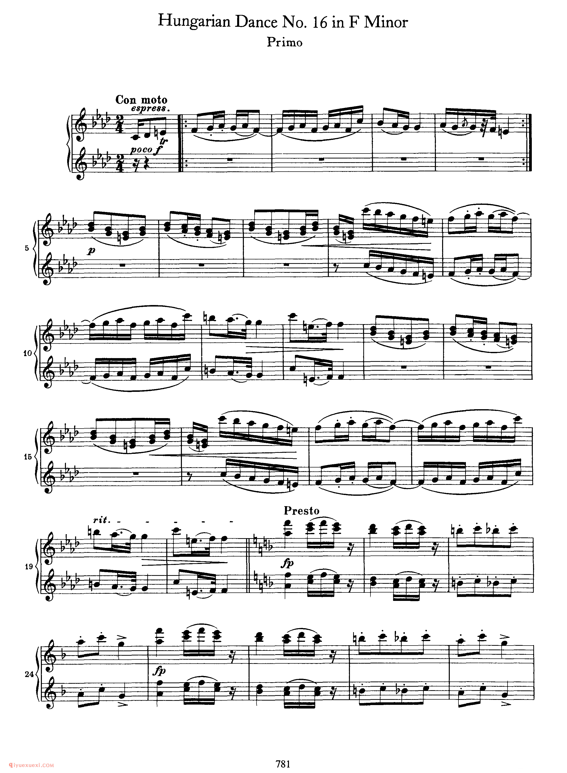 Hungarian Dance No. 16 in F Minor_勃拉姆斯《匈牙利舞曲》四手联弹