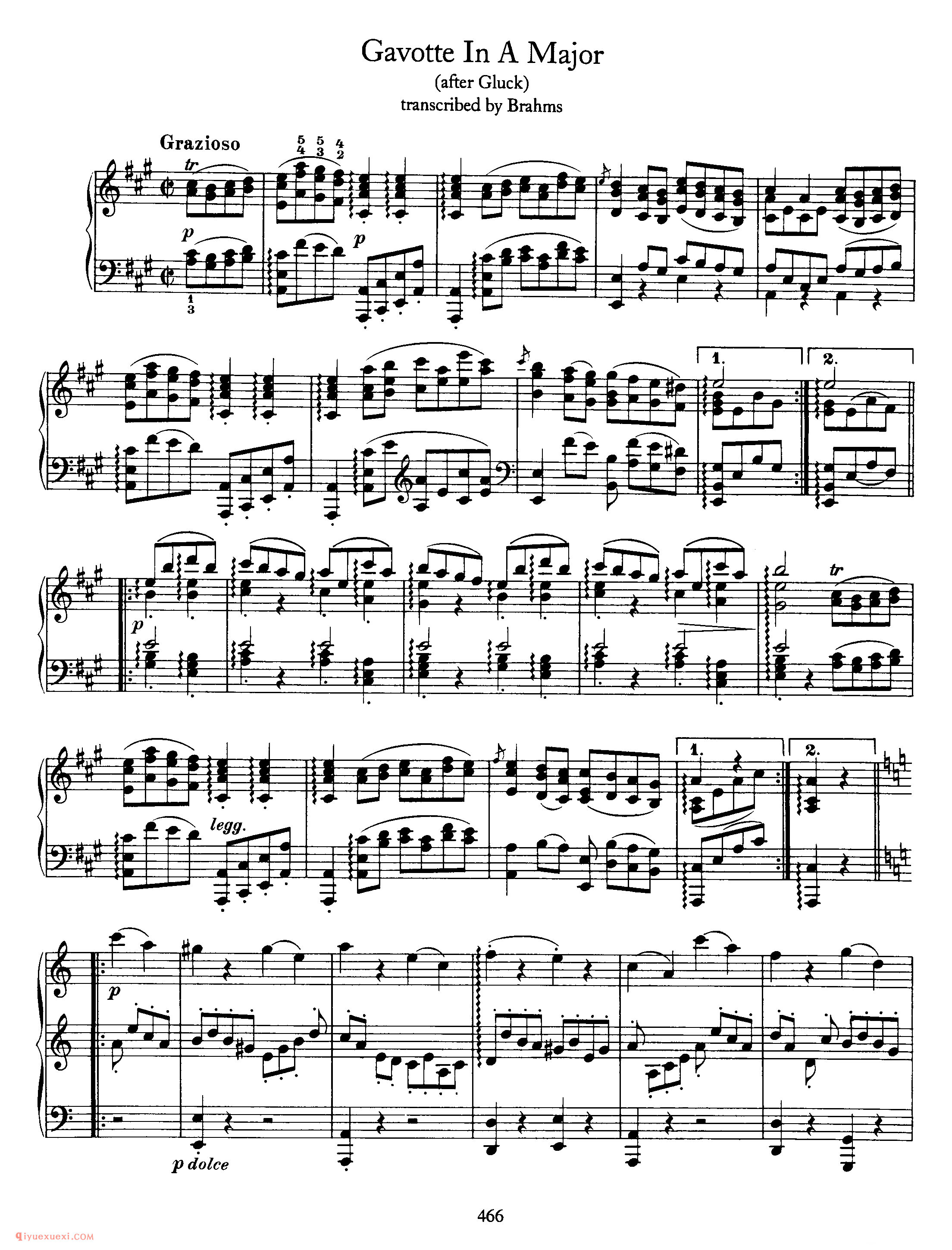 勃拉姆斯加沃特舞曲_Gavotte in A (after Gluck)_约翰内斯·勃拉姆斯钢琴乐谱