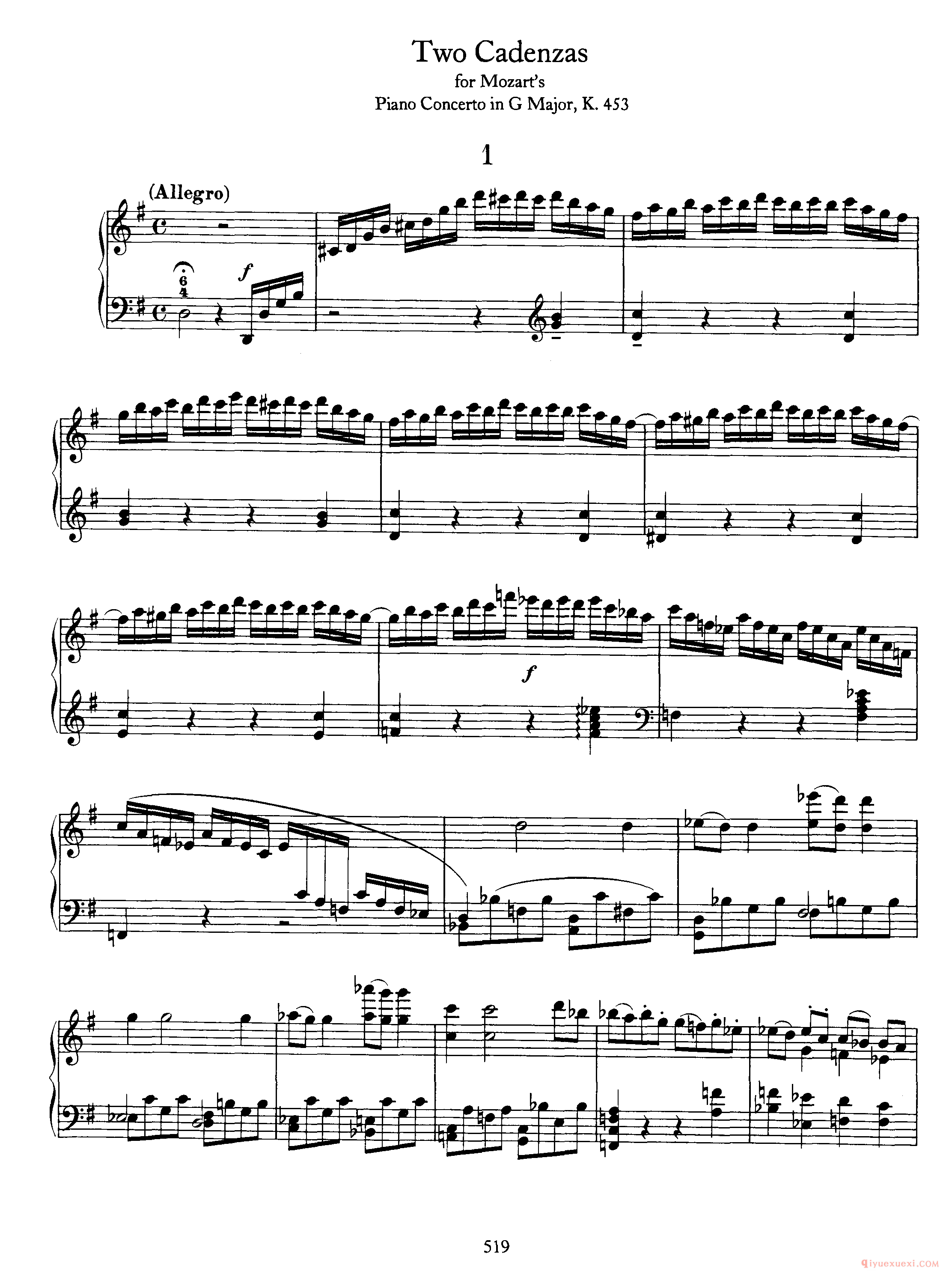 2 Cadenzas for Mozart's Piano Concerto in G, K 453_勃拉姆斯协奏曲华彩