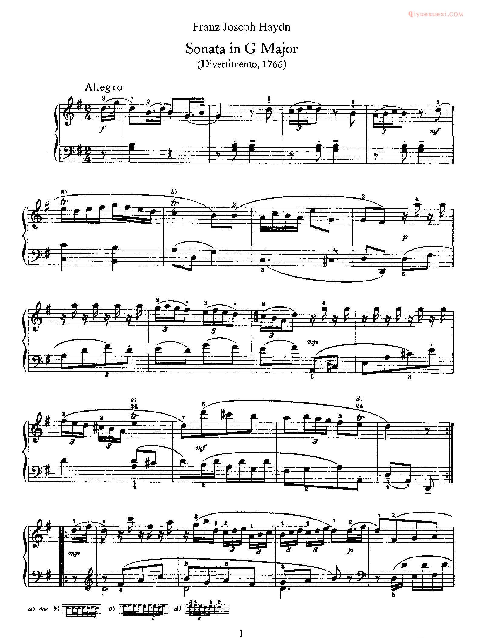 海顿G大调《第8钢琴奏鸣曲》Franz Joseph Haydn Sonata in G Major_海顿钢琴谱