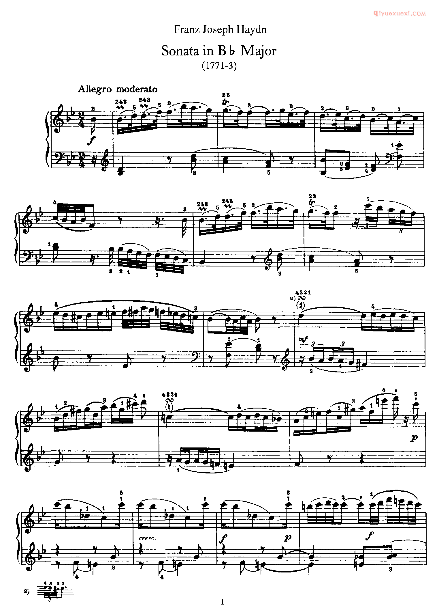 海顿Bb大调《第18钢琴奏鸣曲》Franz Joseph Haydn Sonata in Bb Major_海顿钢琴谱