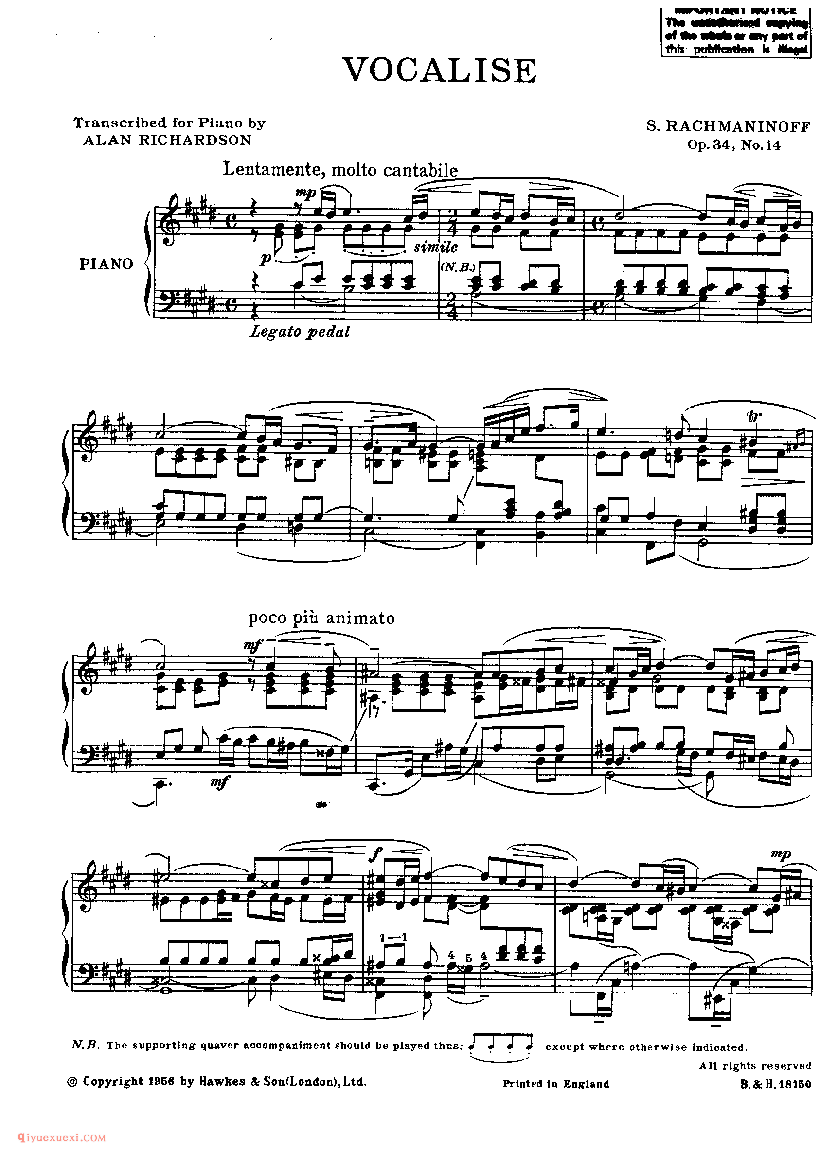 Rachmaninoff - Richardson - Vocalise Op.34-14_拉赫玛尼诺夫钢琴谱