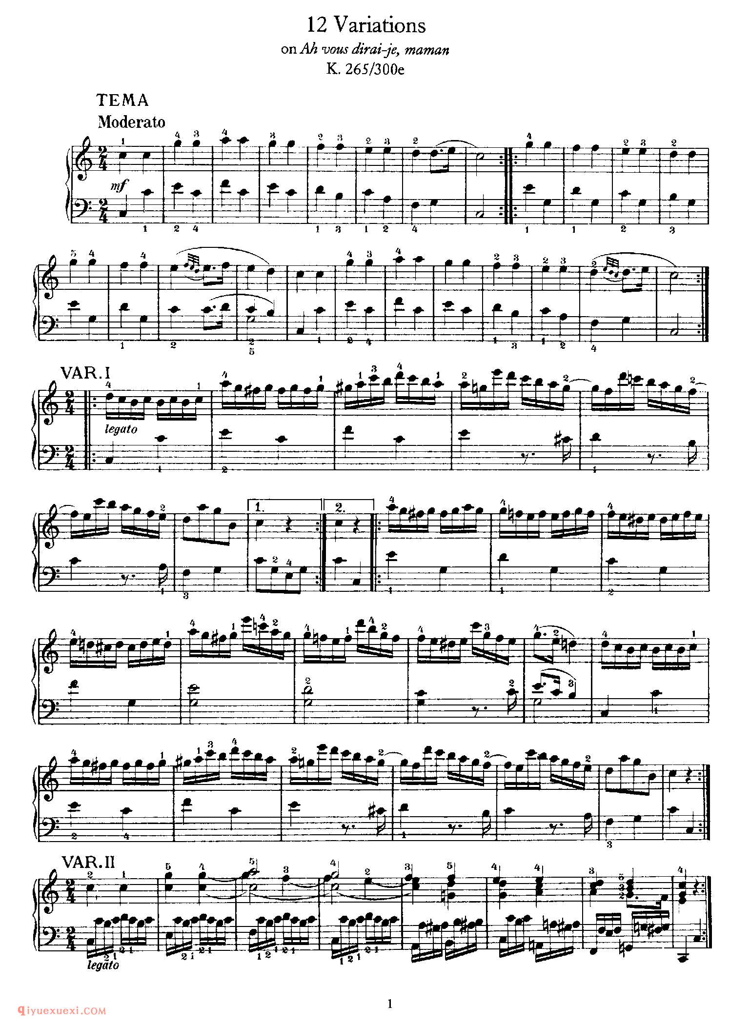 莫扎特小星星变奏曲 K.265_莫扎特钢琴谱