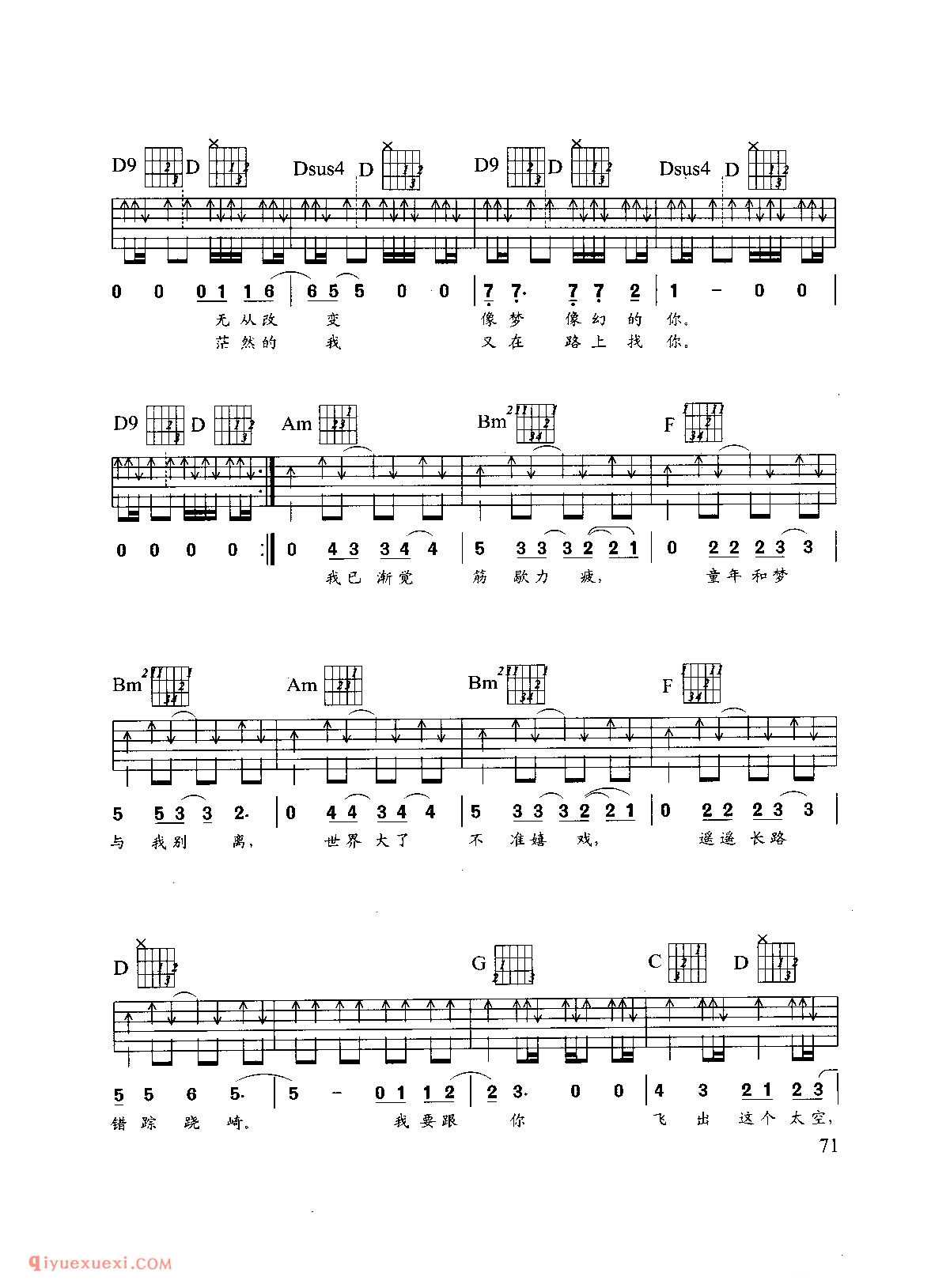 吉他弹唱乐曲谱_太空_Beyond演唱_六线谱简谱对照