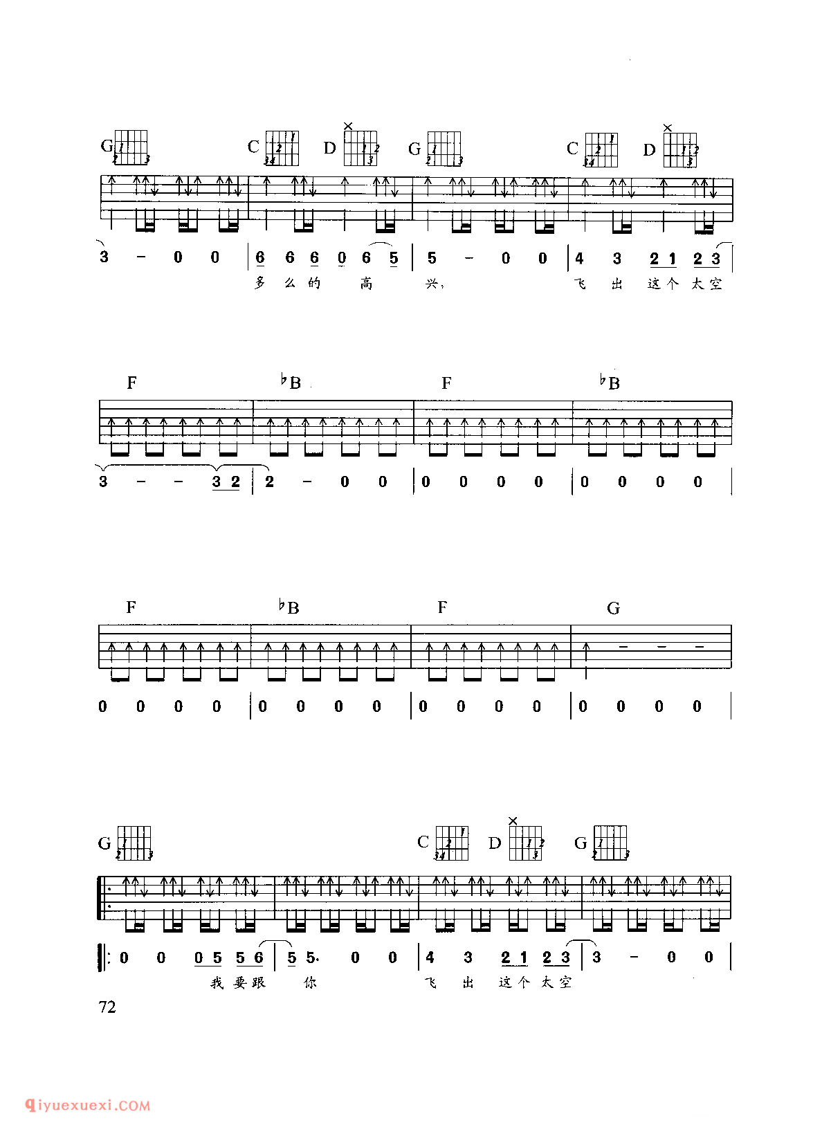 吉他弹唱乐曲谱_太空_Beyond演唱_六线谱简谱对照