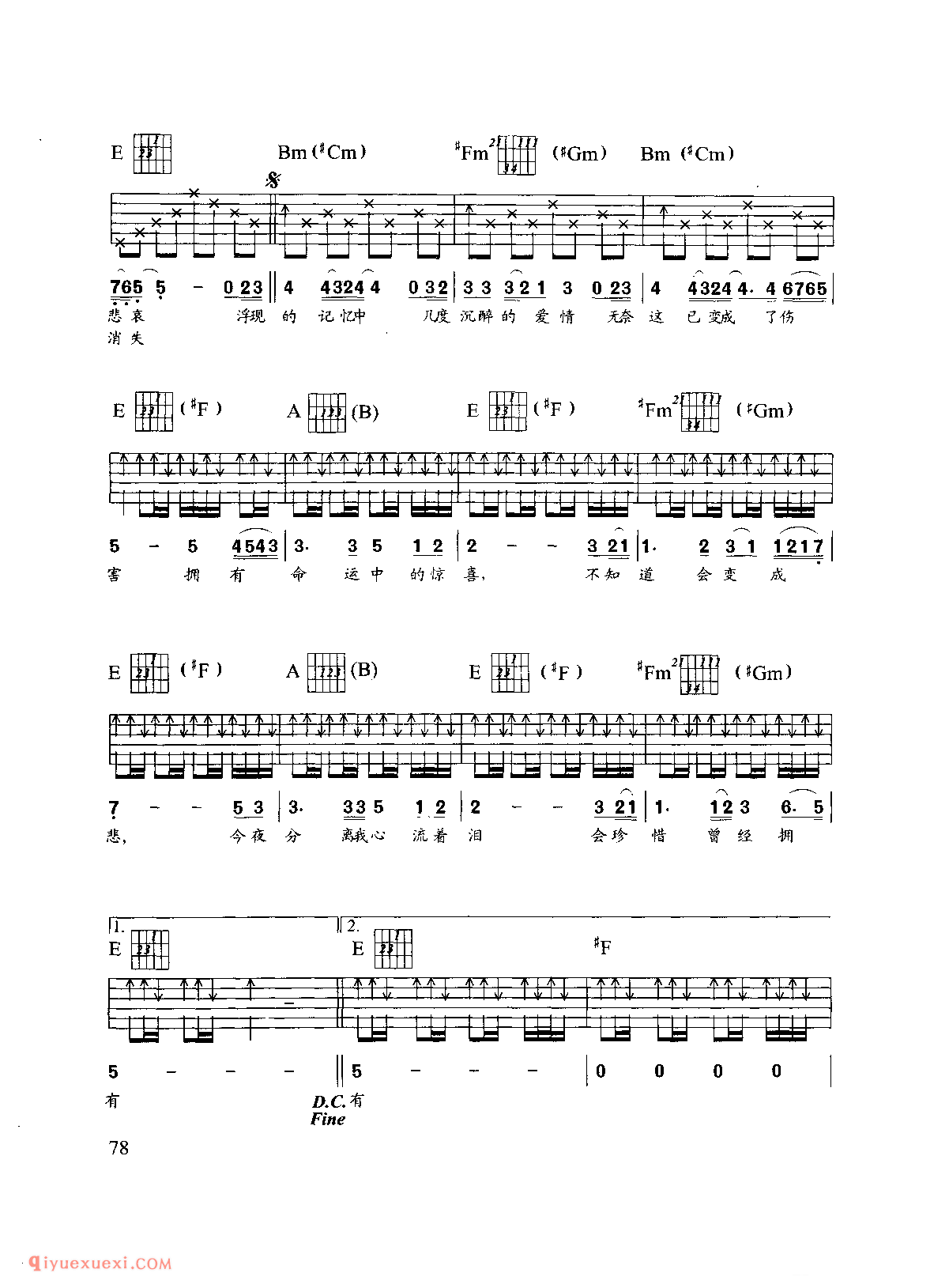 吉他弹唱乐曲谱_曾经拥有_Beyond演唱_六线谱简谱对照