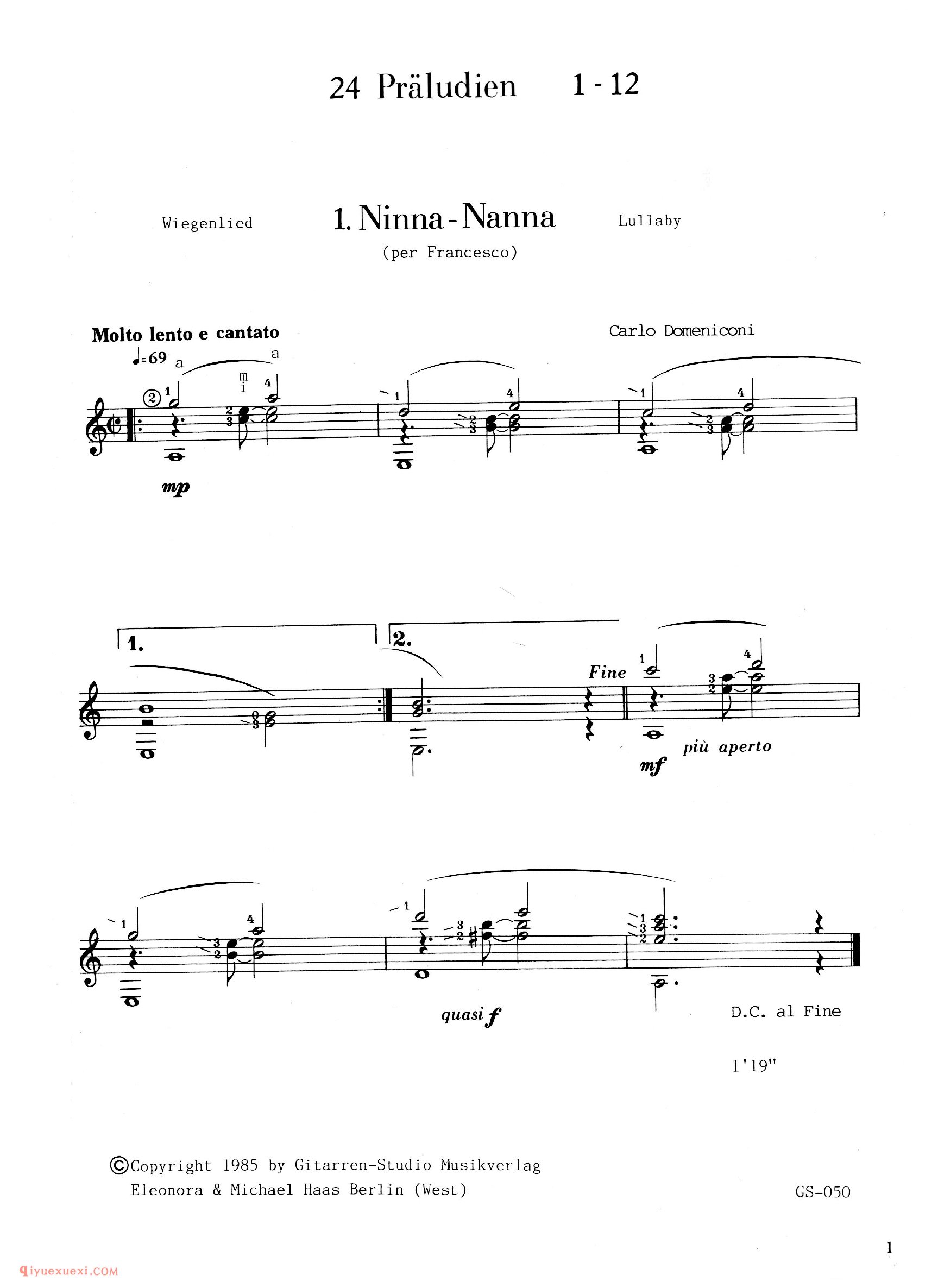 Ninna-Nanna_多明尼康尼(Carlo Domeniconi)古典吉他乐曲五线谱