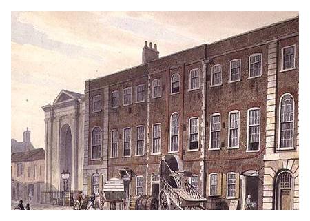 Watercolour of Lincoln's Inn Fields Theatre, now incorporated in the Royal College of Surgeons after its demolition in 1848. Guildhall Library.