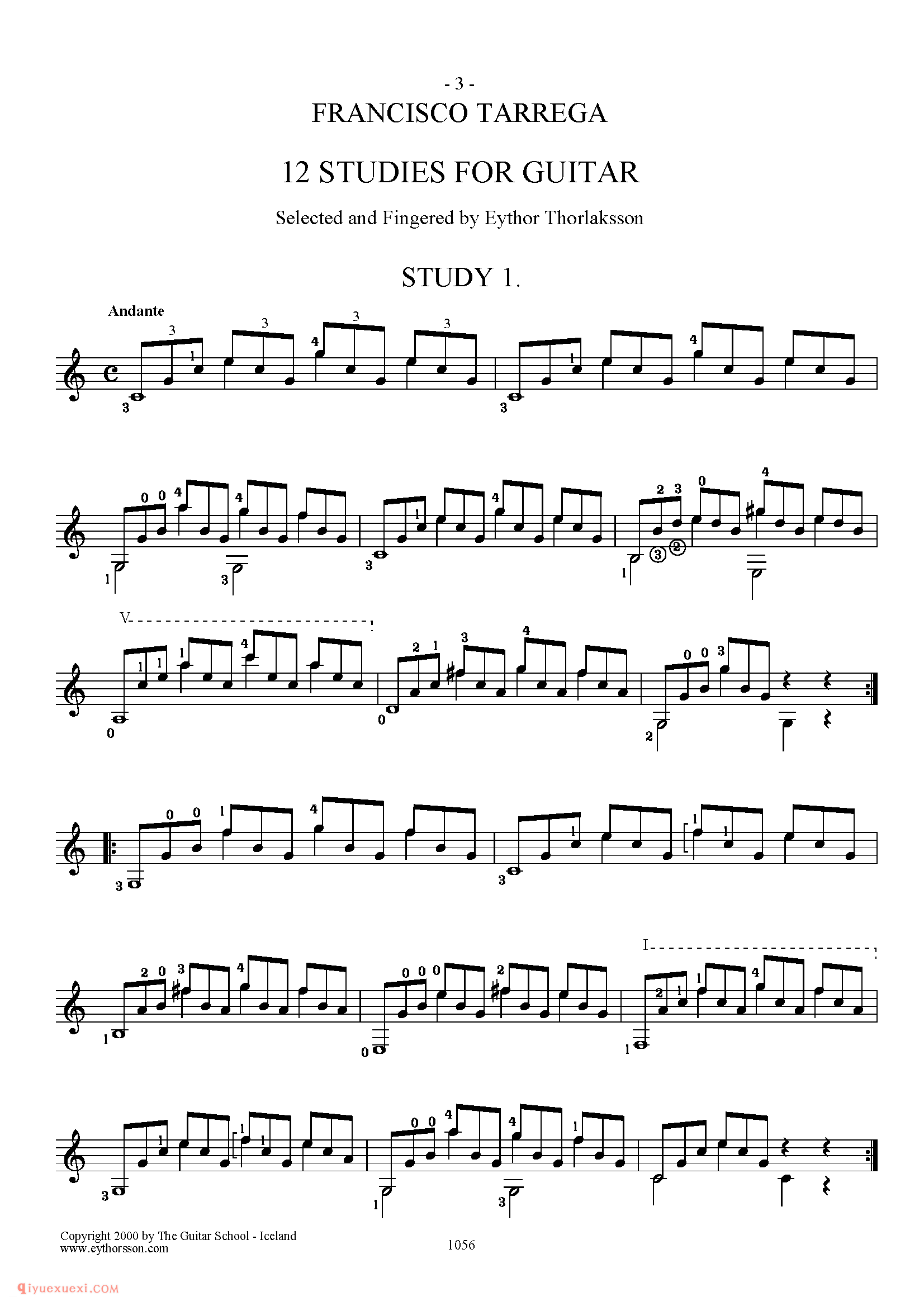 FRANCISCO TARREGA 12 STUDIES FOR GUITAR_世界著名古典吉他练习乐曲谱