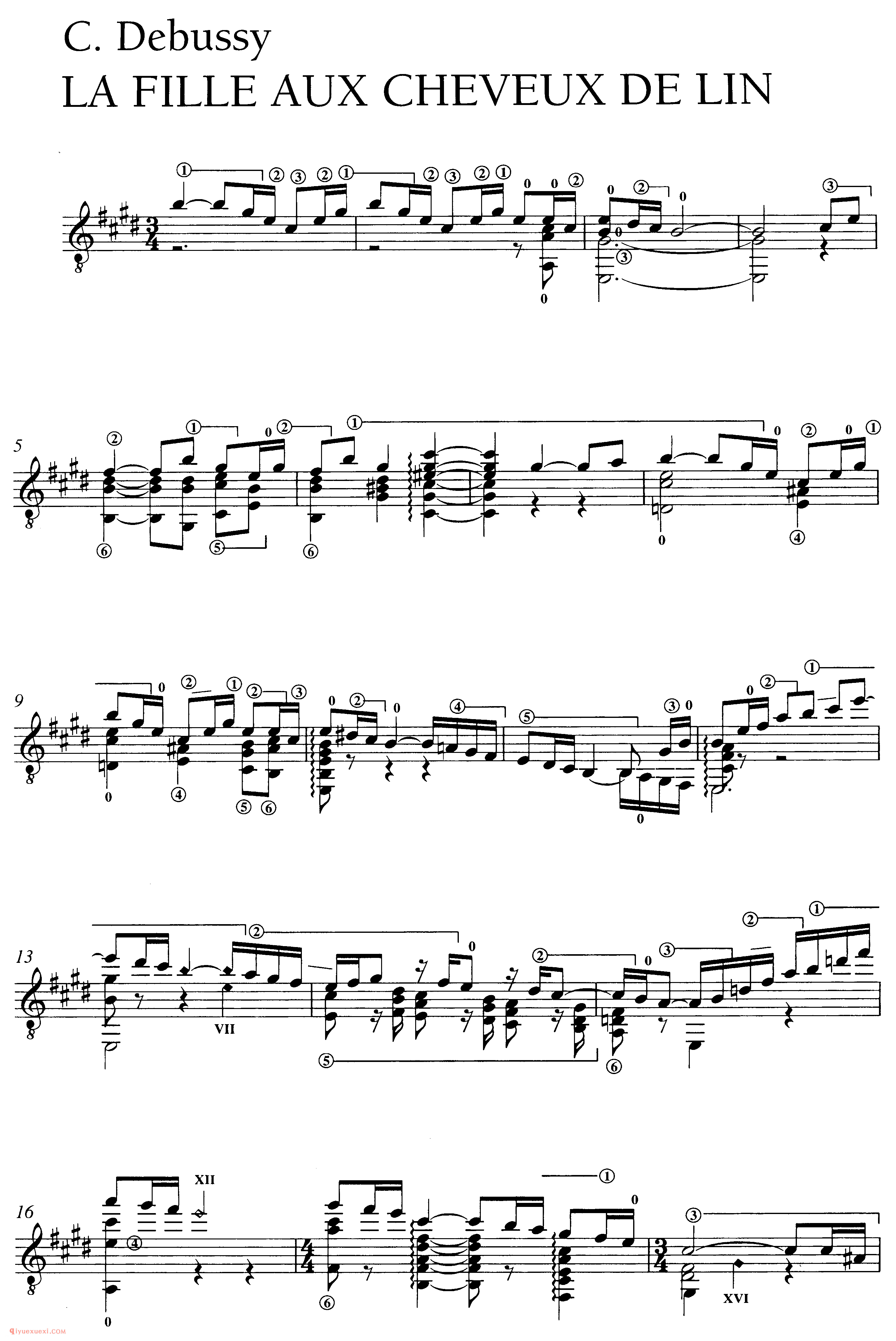 C. Debussy_LA FILLE AUX CHEVEUX DE LIN_塞戈维亚改编吉他五线谱