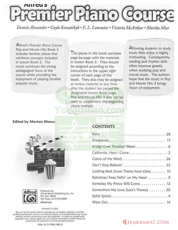 PDF钢琴谱下载 | 阿尔弗雷德的高级钢琴课程.流行和电影热门歌曲 3 原版电子书