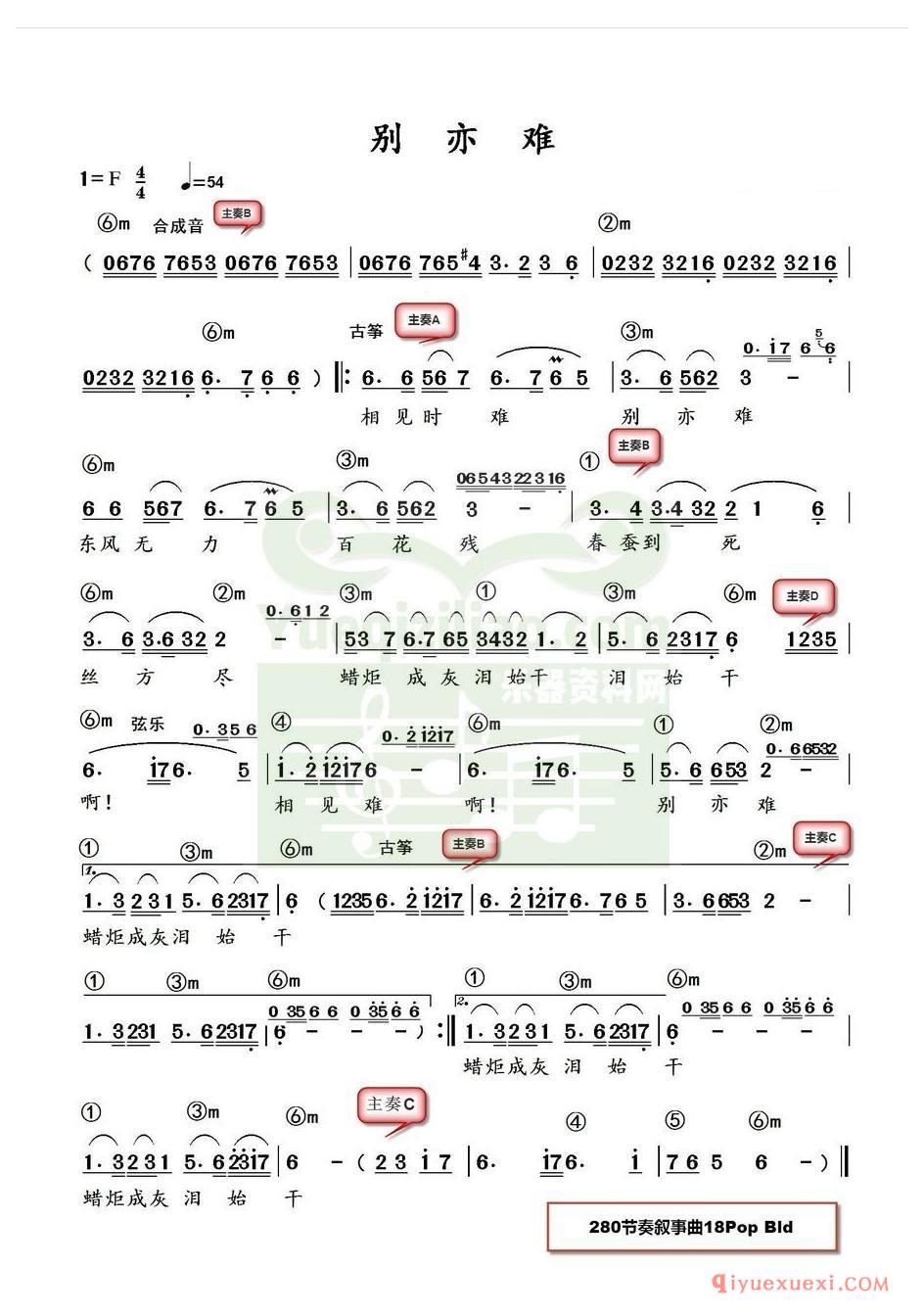 电子琴带和弦简谱 │ 别知己(农村乐队)