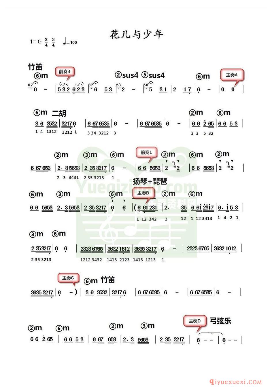 电子琴带和弦简谱 │ 花儿与少年(农村乐队)