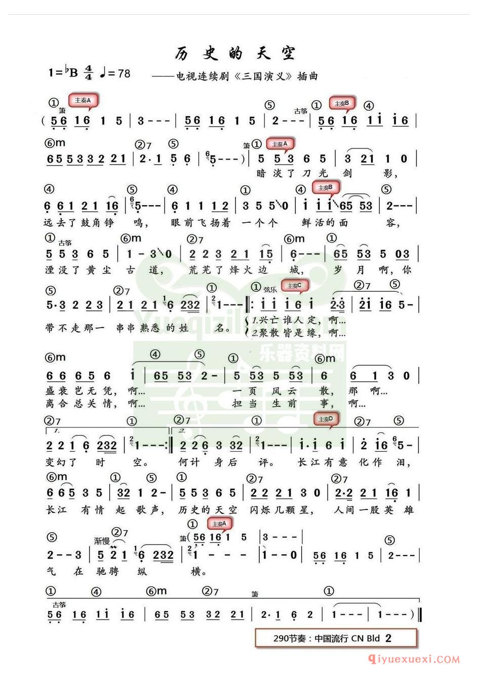 电子琴带和弦简谱 │ 历史的天空(农村乐队)