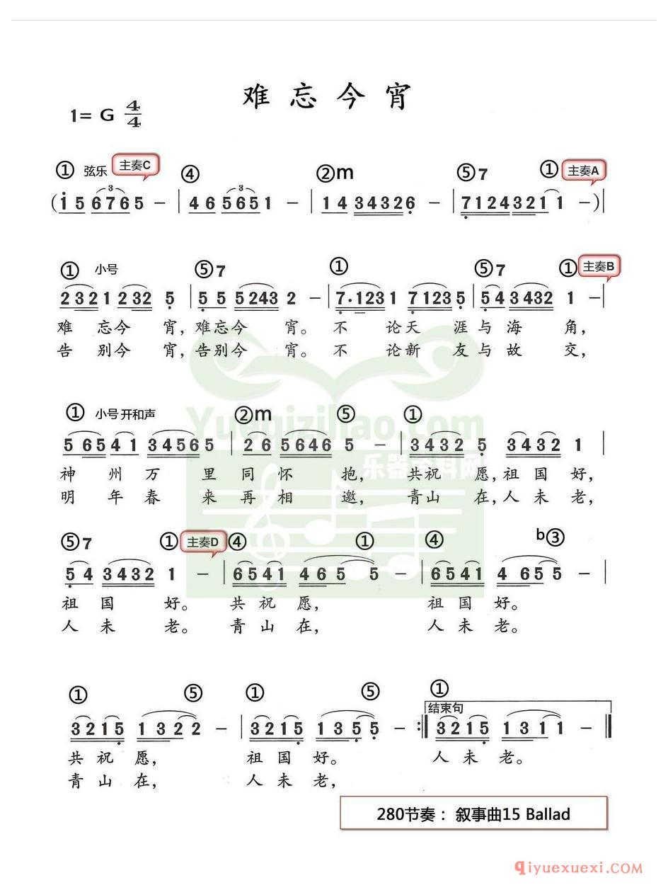 电子琴带和弦简谱 │ 难忘今宵(农村乐队)