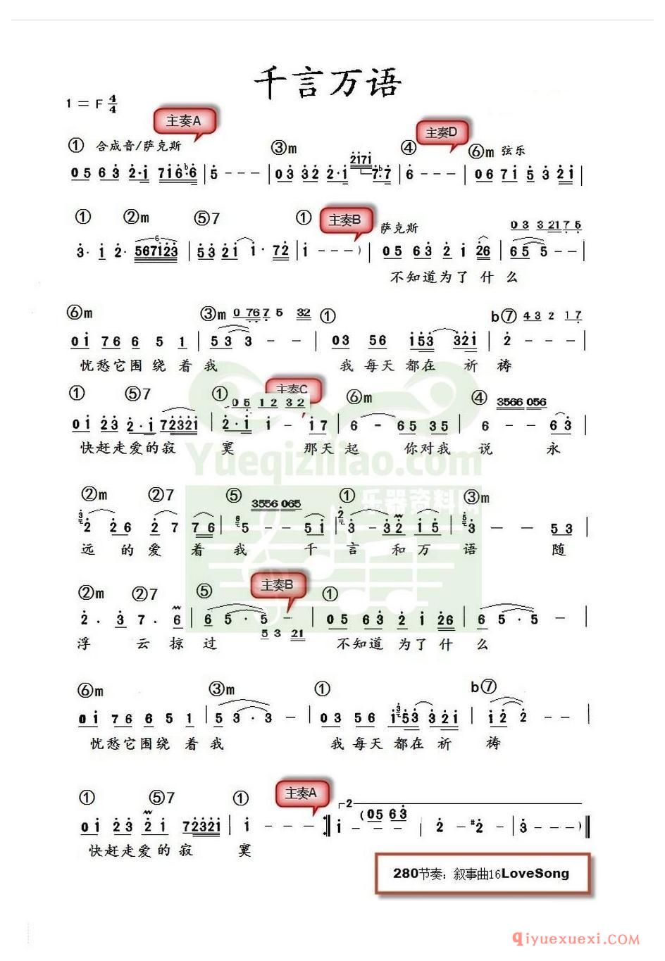 电子琴带和弦简谱 │ 千言万语(农村乐队)