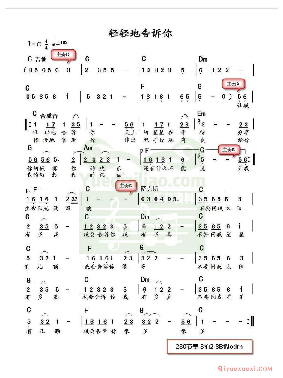 电子琴带和弦简谱 │ 轻轻地告诉你(农村乐队)