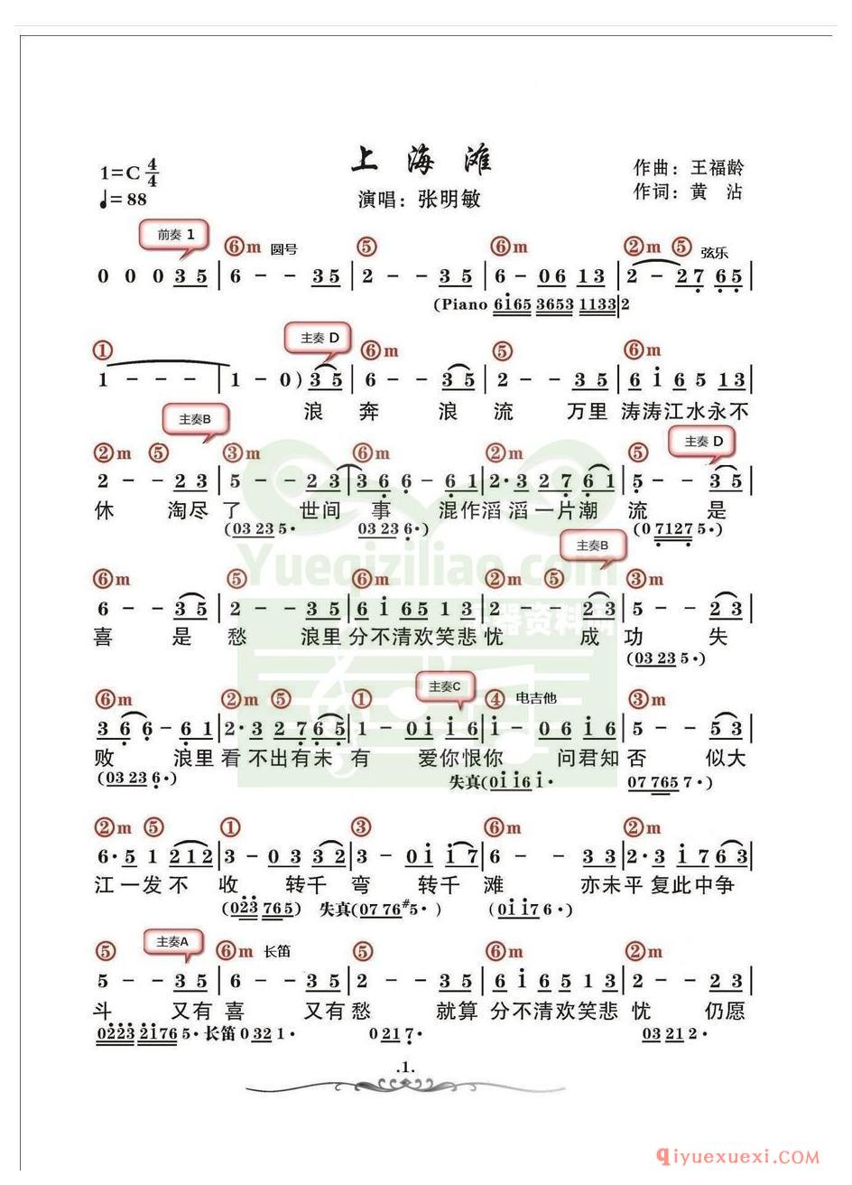 电子琴带和弦简谱 │ 上海滩 (农村乐队)