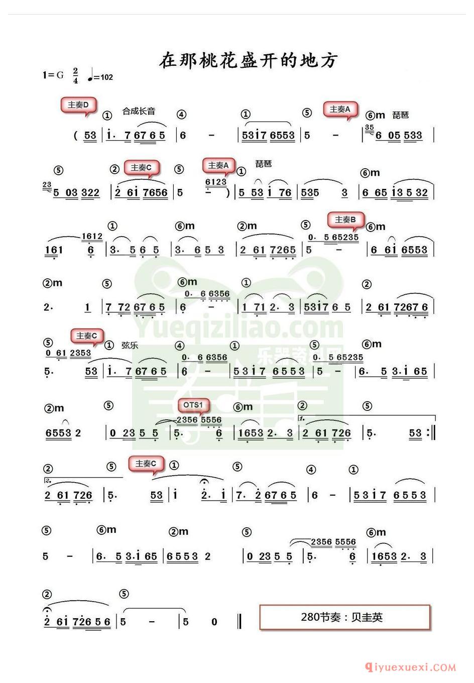 电子琴带和弦简谱 │ 在那桃花盛开的地方(农村乐队)