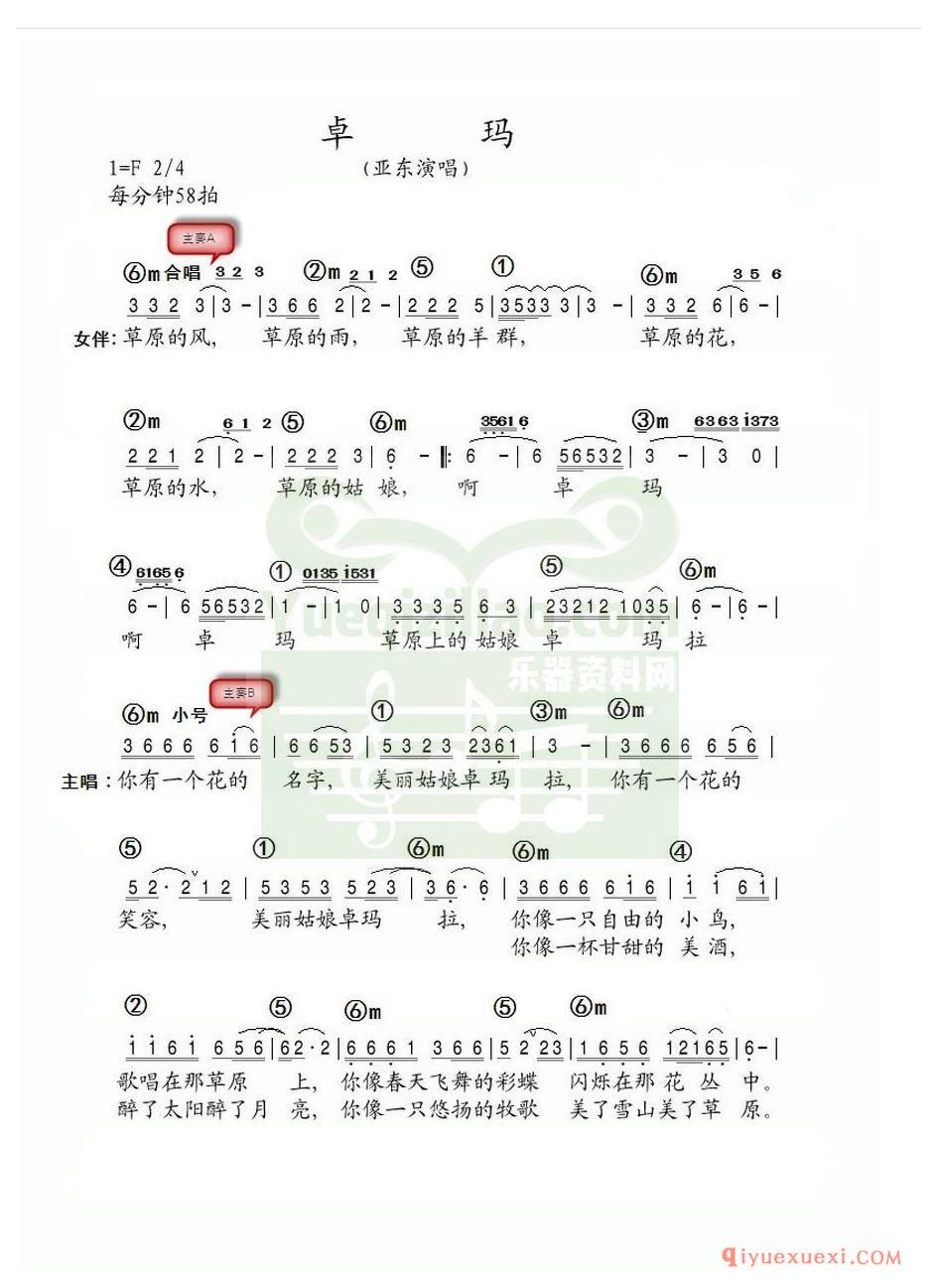 电子琴带和弦简谱 │ 卓玛(农村乐队)