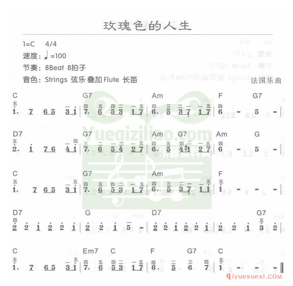 电子琴C大调a小调乐曲谱 │ 玫瑰色的人生(简谱)