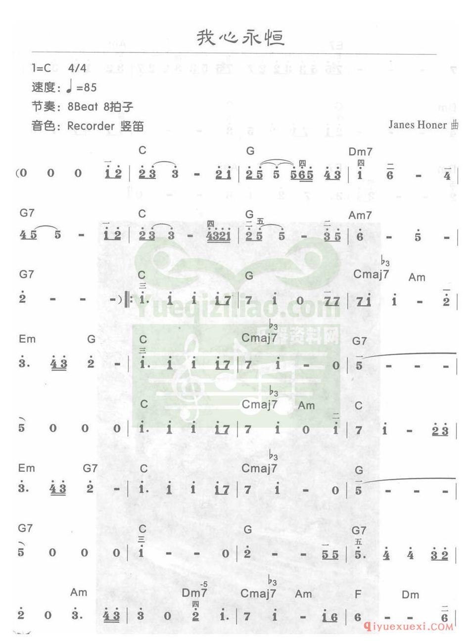 电子琴C大调a小调乐曲谱 │ 我心永恒(简谱)