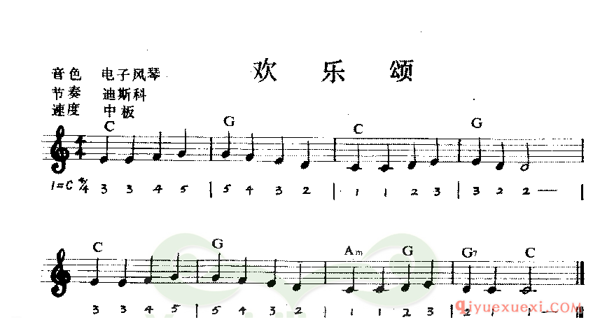 儿童初学者电子琴谱  | 欢乐颂(线谱谱对照带和弦)