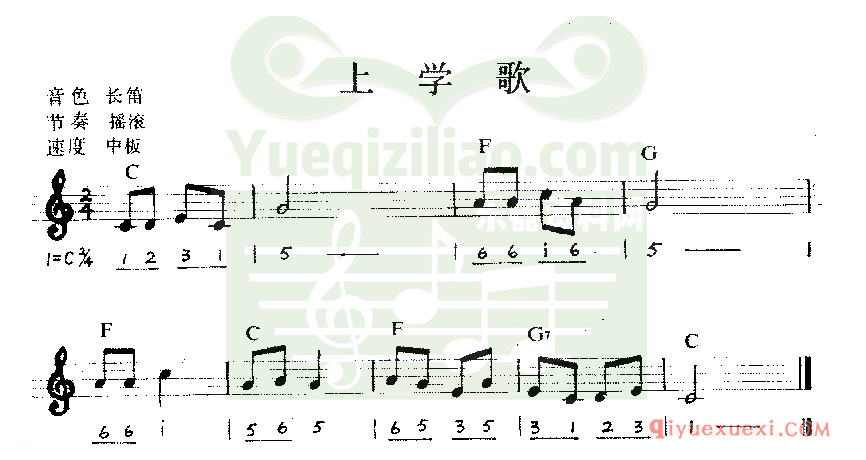 儿童初学者电子琴谱  | 上学歌(线谱谱对照带和弦)