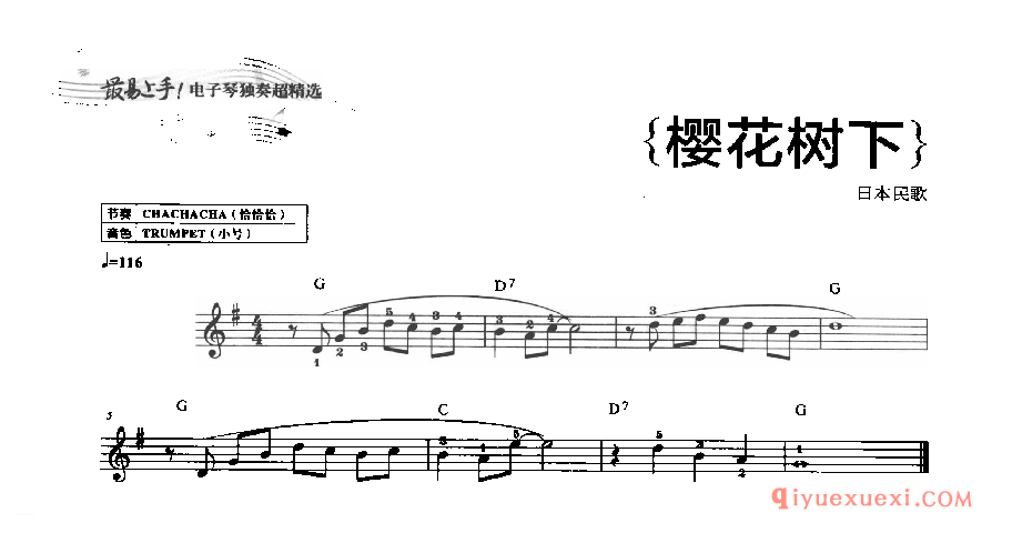 电子琴初学必弹《樱花树下》五线谱带和弦