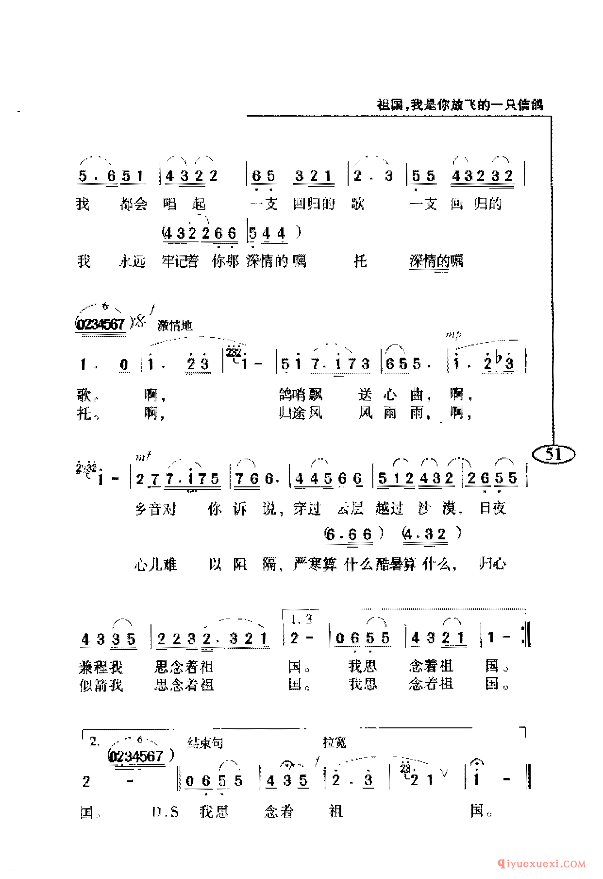 爱国主义歌曲简谱 | 祖国,我是你放飞的一只信鸽